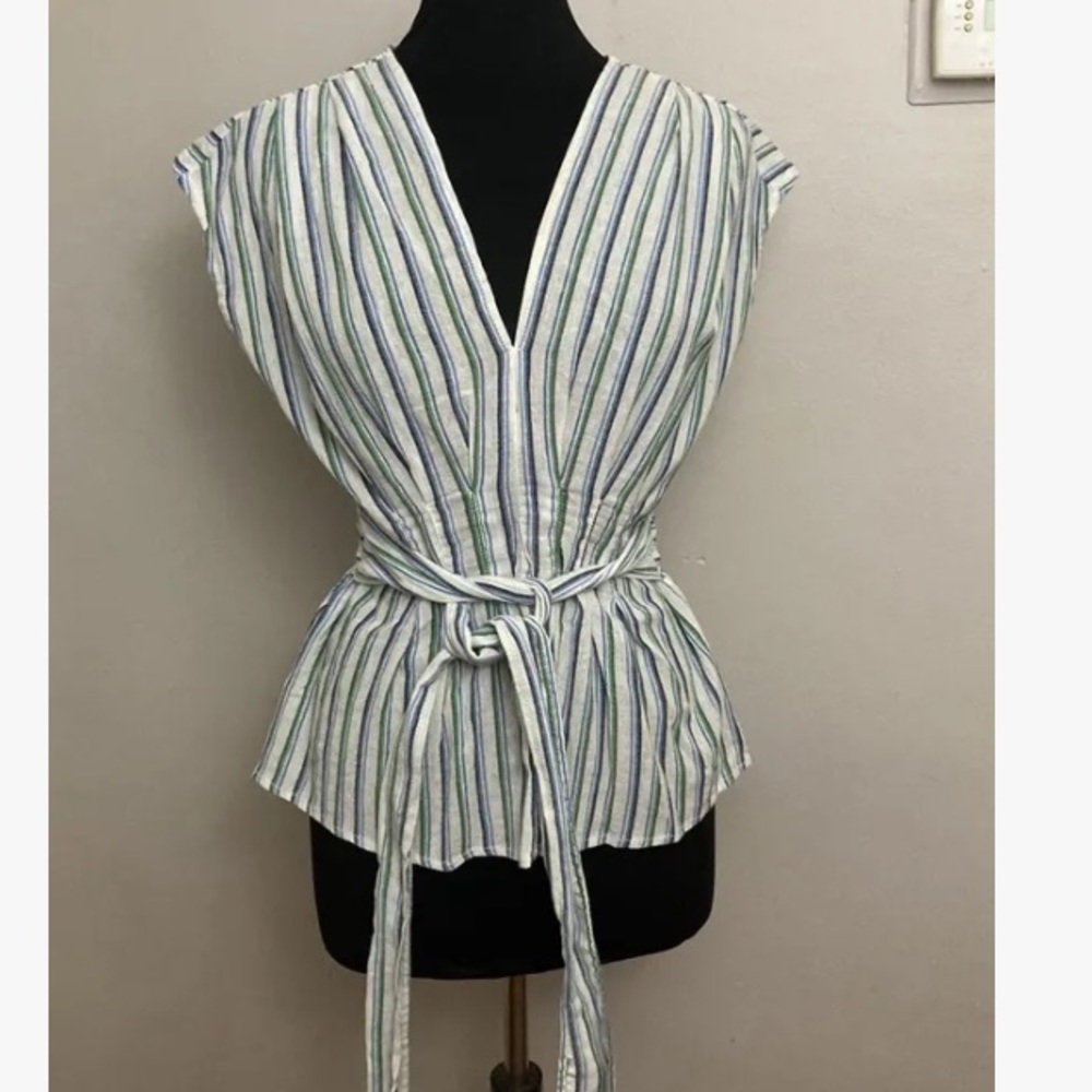 8-2 Max Studio Top Blouse Cotton Small NWT Stripe Tie Belt
